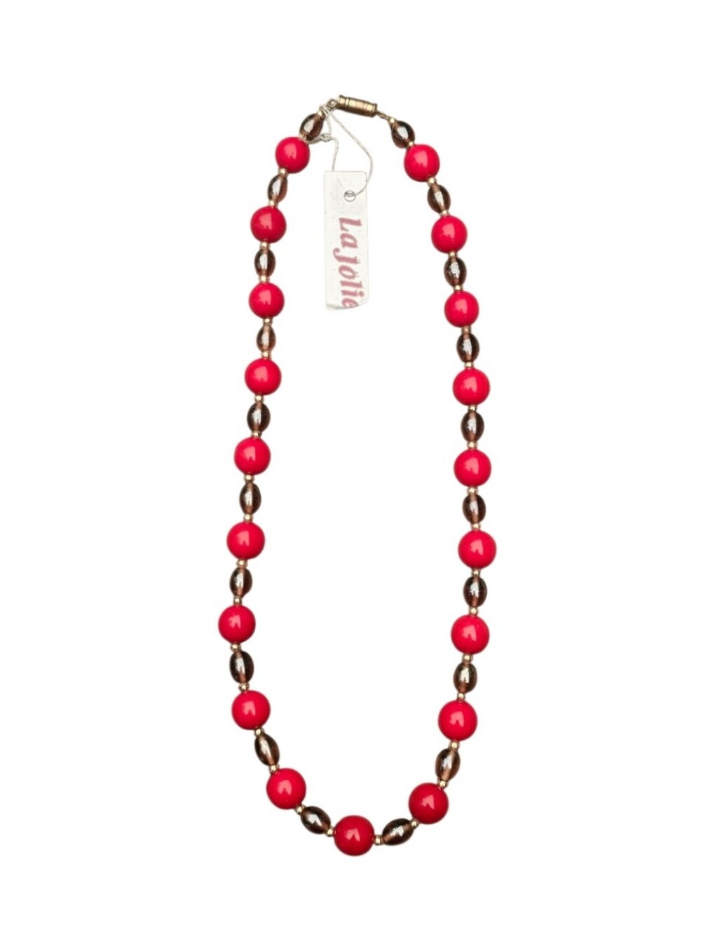 La Jolie Vintage Red, Smoky Translucent, Gold Tone Beaded Necklace